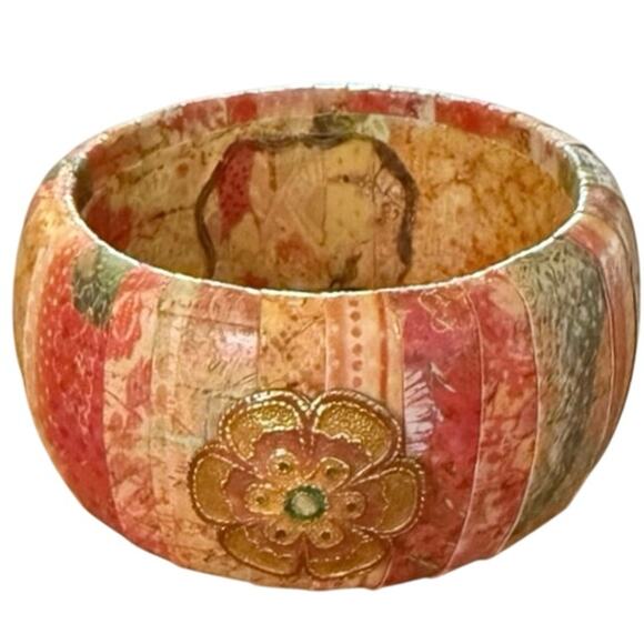 Vintage Jewelry - Vintage Decoupage‑Style Bangle • Multicolor Stripes & Floral Medallion